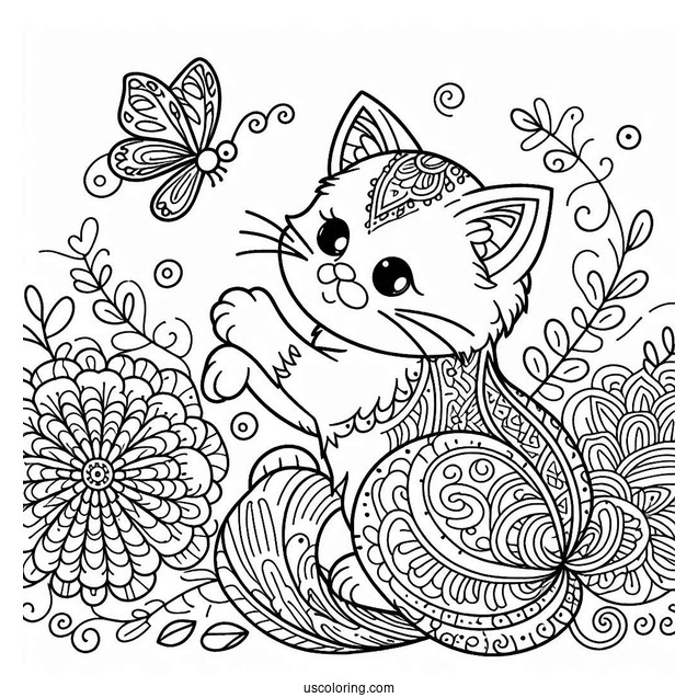 Cat Playing With A Butterfly Animal Mandala Coloring Page