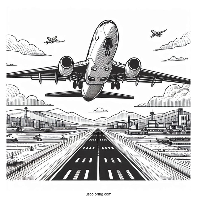 Airplane Taking Off From Airport Coloring Sheet
