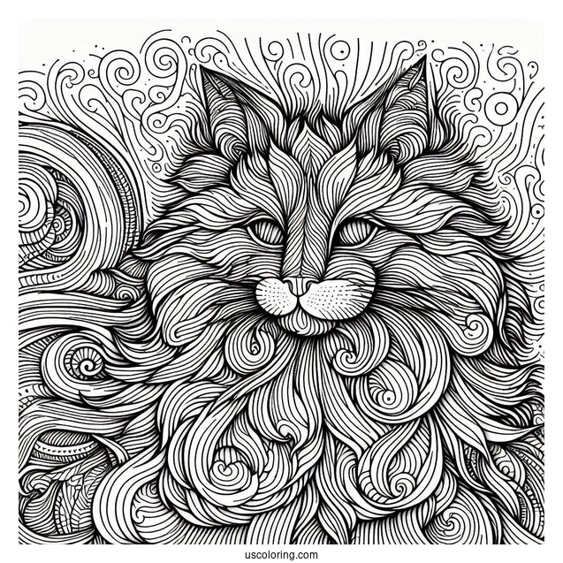 Detailed Furry Cat Abstract Coloring Page