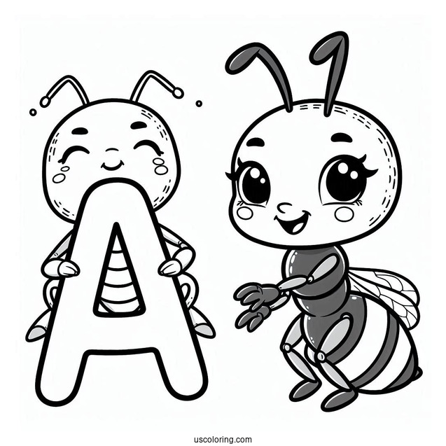 Cute Ant Coloring Page Holding Letter A For Kids