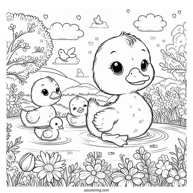 Ducklings Swimming In A Pond In April Coloring Page For Kids