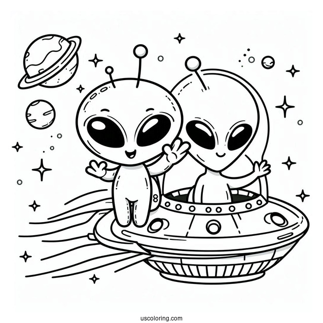Cute Alien Coloring Page Waving From A Spaceship