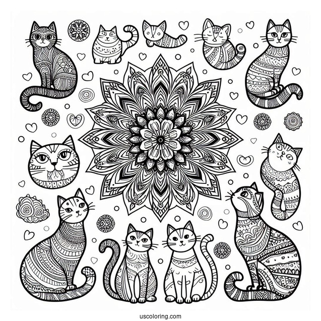 Cats Surrounding A Simple Animal Mandala Coloring Page For Kids