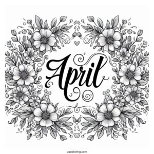 Elegant April Coloring Page Script With Floral Frame