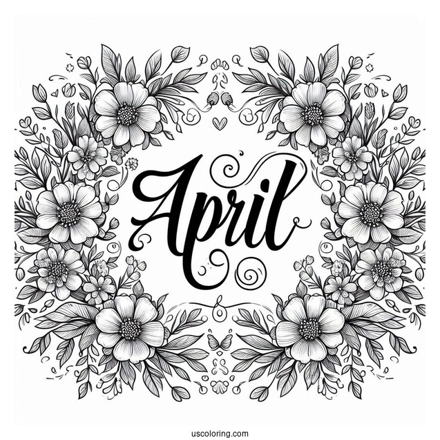 Elegant April Coloring Page Script With Floral Frame