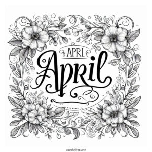 Elegant April Coloring Page Script With Floral Frame