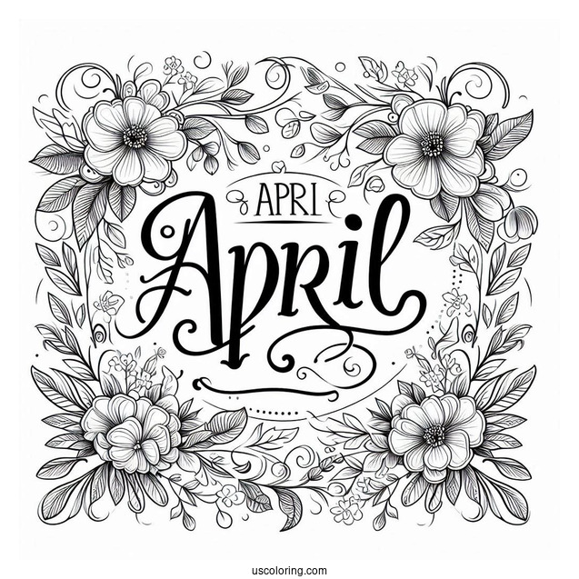 Elegant April Coloring Page Script With Floral Frame
