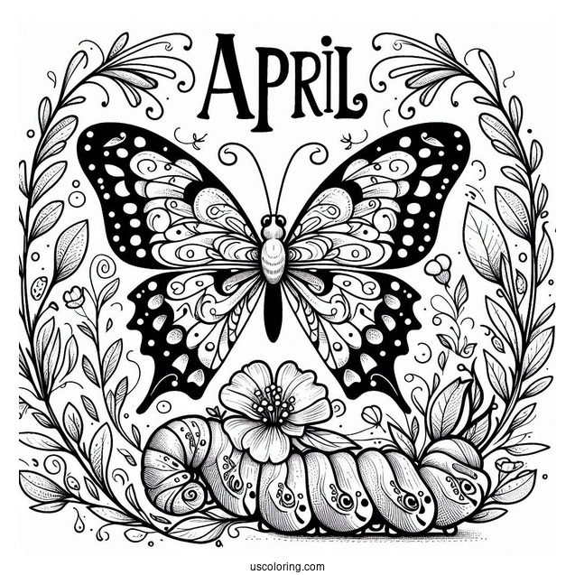 April Coloring Page Script Above Butterfly Perched On A Caterpillar