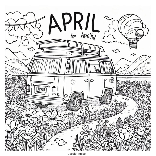 April Coloring Page Adventure Await Campervan In A Flower Field