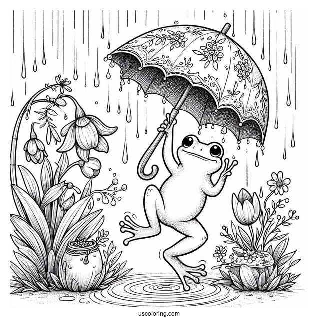 Frog Dancing In The Rain Under April Coloring Page Showers