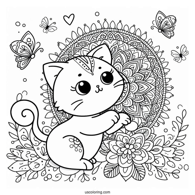 Cat Playing With A Butterfly Animal Mandala Coloring Page