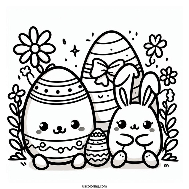 Kawaii Easter Egg And Bunny In April Coloring Page For Kids