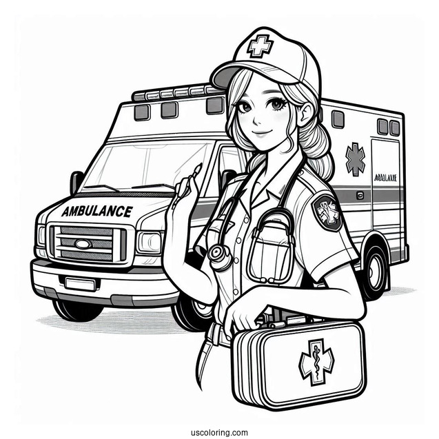 Ambulance Coloring Page Of Female Paramedic Carrying Equipment