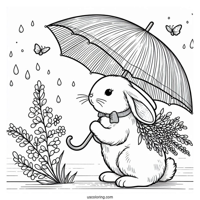 Rabbit With An Umbrella Taking A Stroll In April Coloring Page
