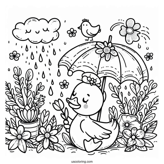 April Coloring Page Showers Bring May Flowers With Duck Playing