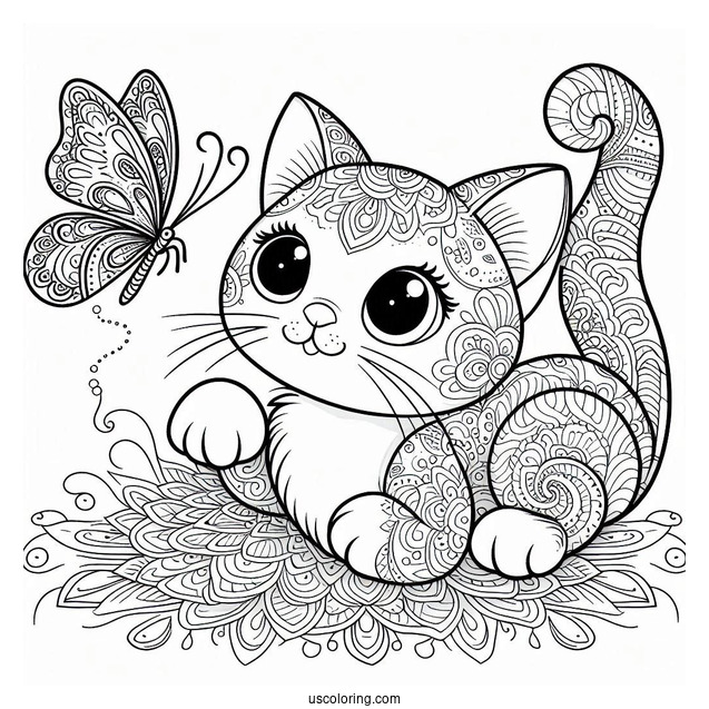 Cat Playing With A Butterfly Animal Mandala Coloring Page