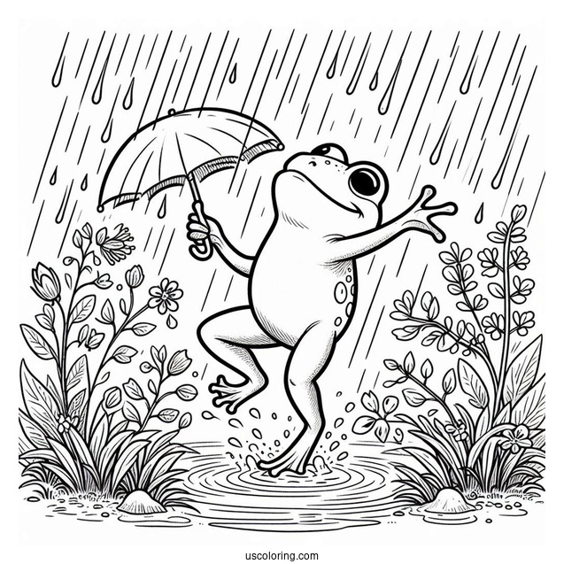 Frog Dancing In The Rain Under April Coloring Page Showers