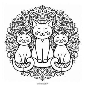 Cats Surrounding A Simple Animal Mandala Coloring Page For Kids