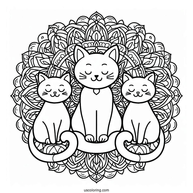 Cats Surrounding A Simple Animal Mandala Coloring Page For Kids
