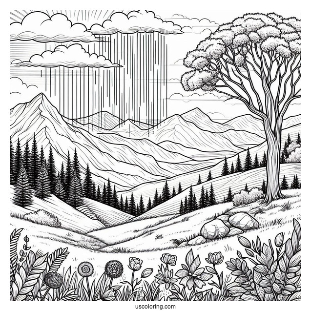 April Coloring Page Showers Over Mountain Landscape