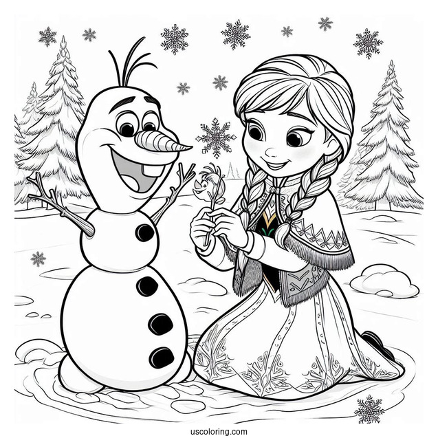 Anna And Olaf Playing In The Snow Coloring Page
