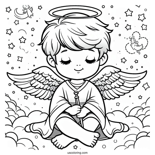 Heavenly Angel Boy With Halo To Color