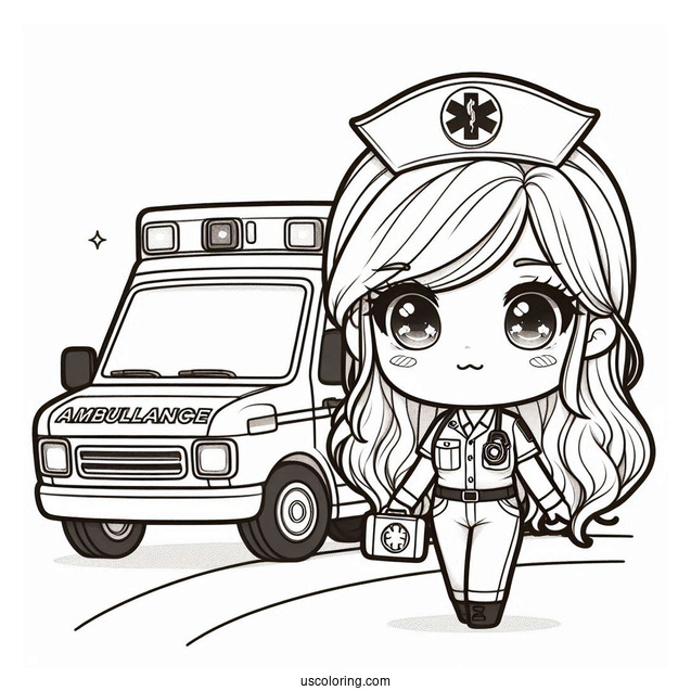 Chibi Paramedic Standing Beside An Ambulance Coloring Page