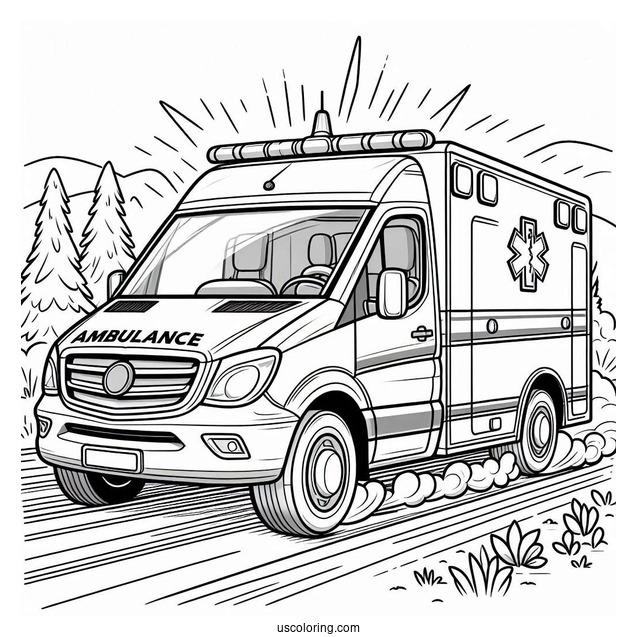 Front View Of Ambulance Coloring Page Speeding On The Road