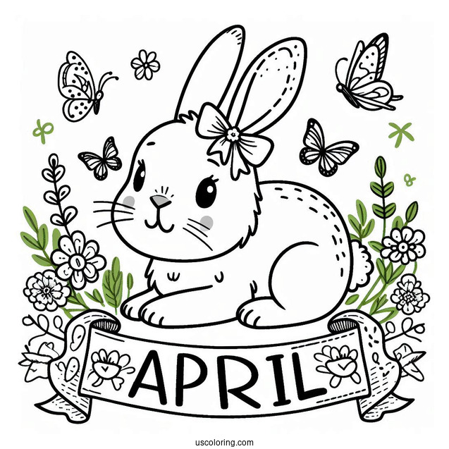 Easy Bunny With An April Coloring Page Banner For Preschoolers