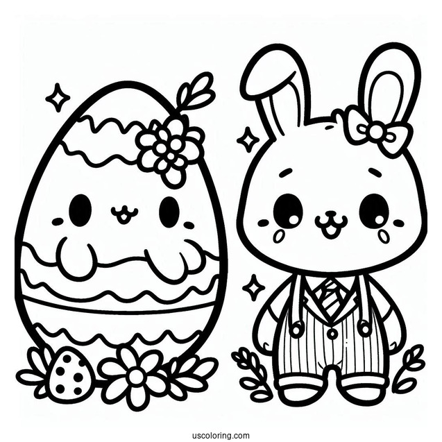 Kawaii Easter Egg And Bunny In April Coloring Page For Kids
