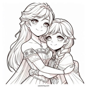 Anime Anna And Elsa Hugging Coloring Sheet For Kids