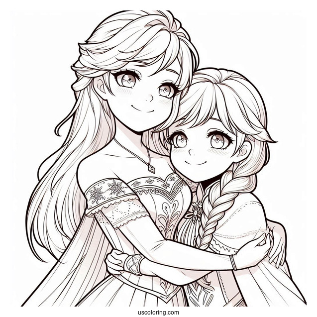 Anime Anna And Elsa Hugging Coloring Sheet For Kids