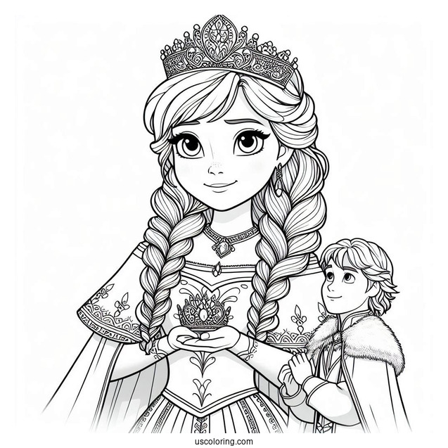 Queen Anna In Coronation With Olaf Coloring Page