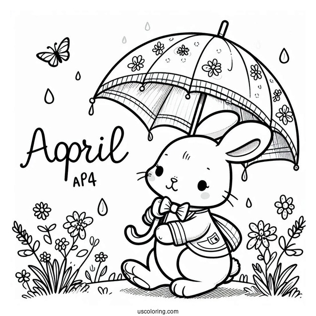 Rabbit With An Umbrella Taking A Stroll In April Coloring Page