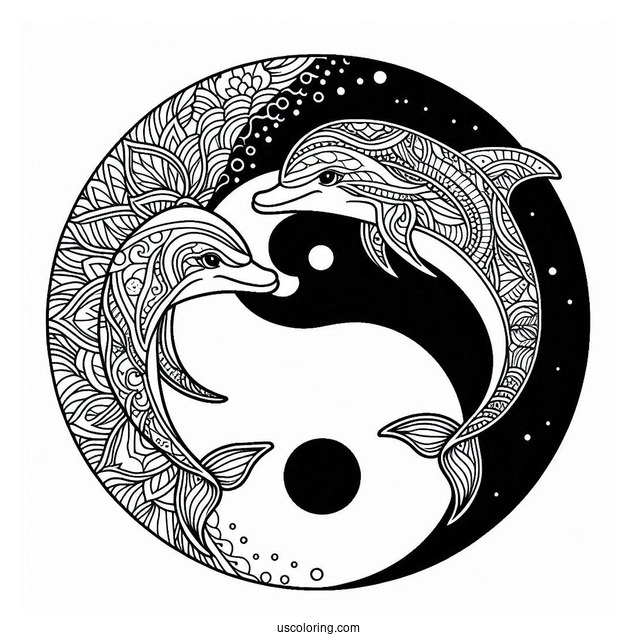 Dolphin Between Two Yin And Yang Animal Mandala Coloring Page