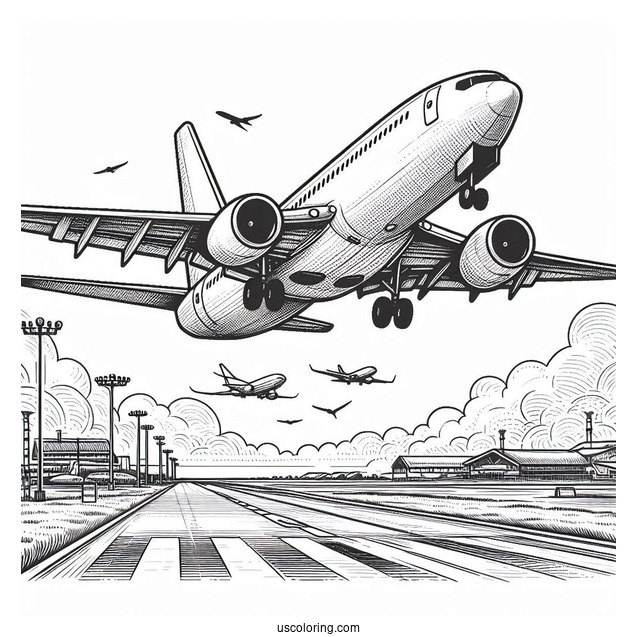 Airplane Taking Off From Airport Coloring Sheet