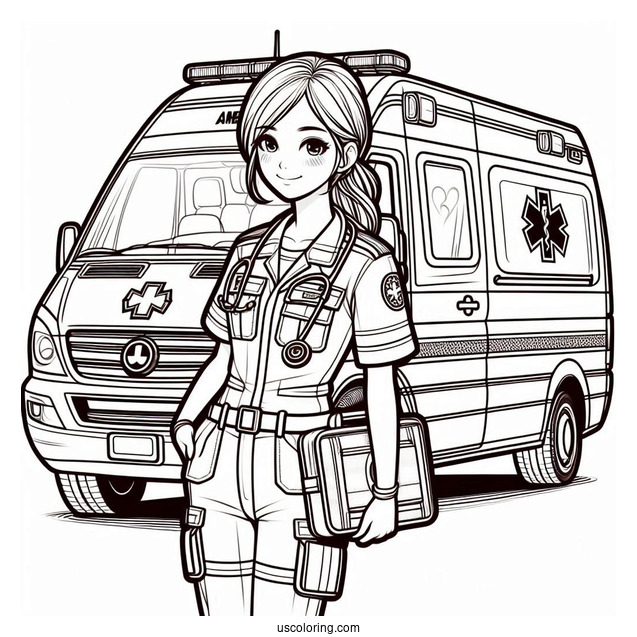 Ambulance Coloring Page Of Female Paramedic Carrying Equipment