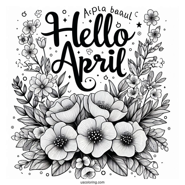 Hello April Coloring Page Words Over Blooming Flowers