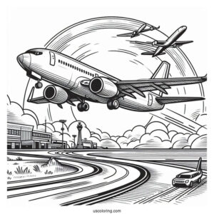 Airplane Taking Off From Airport Coloring Sheet