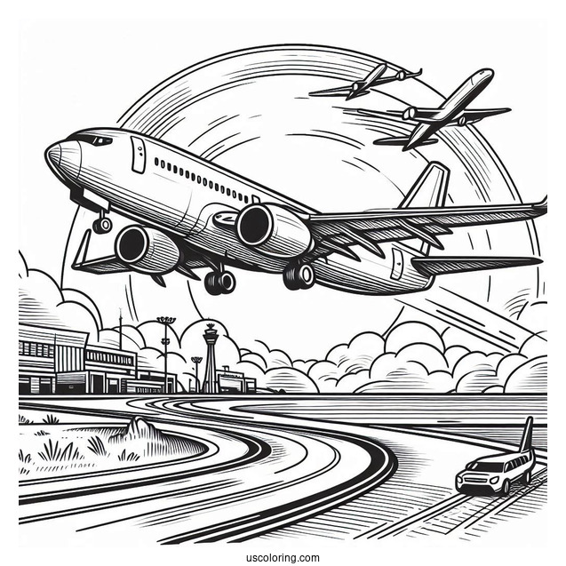 Airplane Taking Off From Airport Coloring Sheet