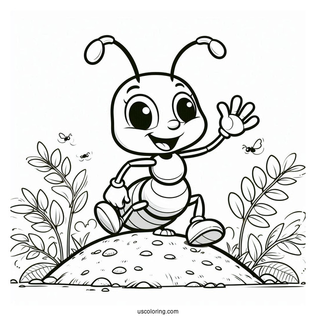 Cartoon Ant Coloring Page Waving From An Anthill