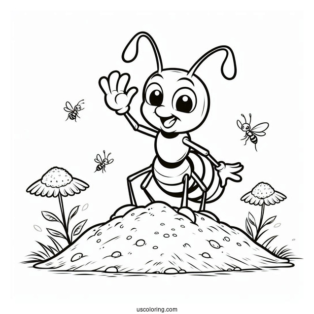 Cartoon Ant Coloring Page Waving From An Anthill