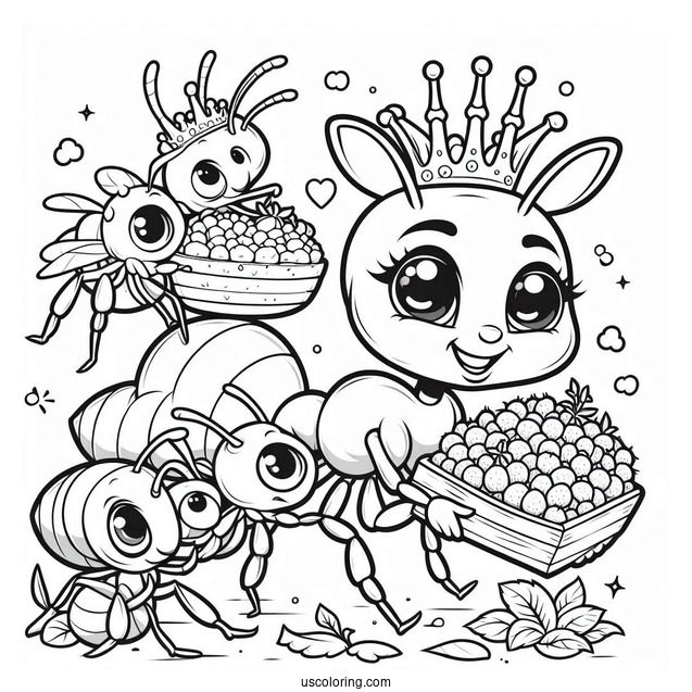 Ant Coloring Page Carrying Food With Queen Ant On Top