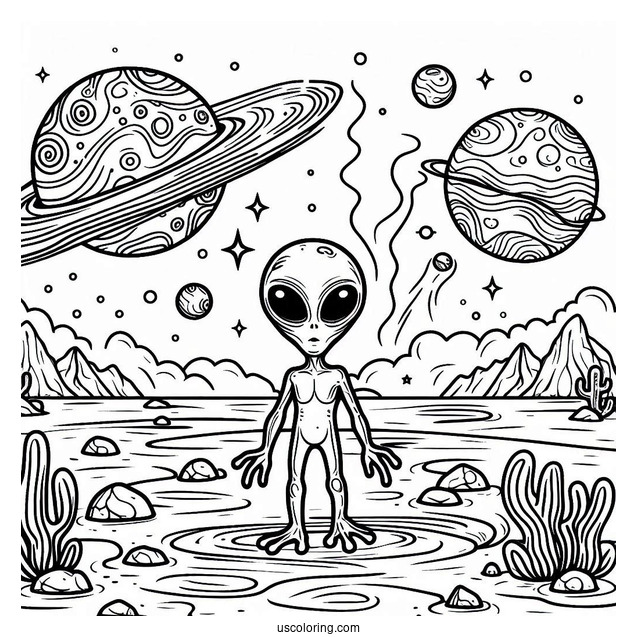Coloring Page Of Alien On Faraway Planet