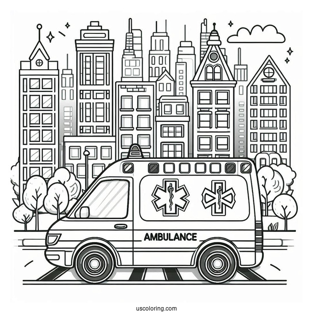 Cartoon Ambulance Coloring Page In The City For Kids
