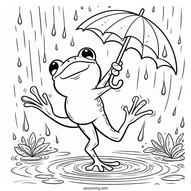 Frog Dancing In The Rain Under April Coloring Page Showers