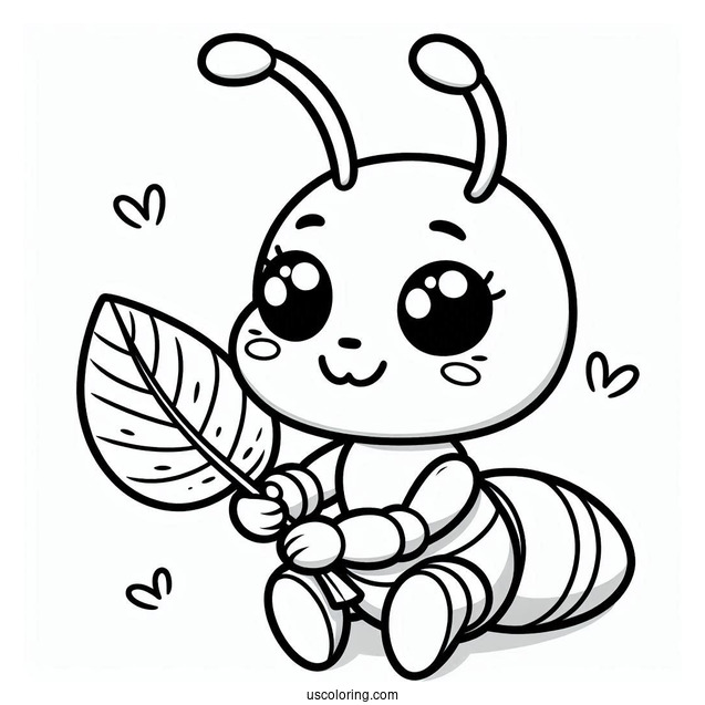 Kawaii Ant Coloring Page Holding A Leaf For Preschoolers