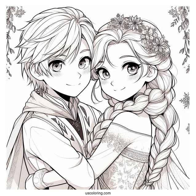 Anime Anna And Elsa Hugging Coloring Sheet For Kids