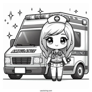 Chibi Paramedic Standing Beside An Ambulance Coloring Page