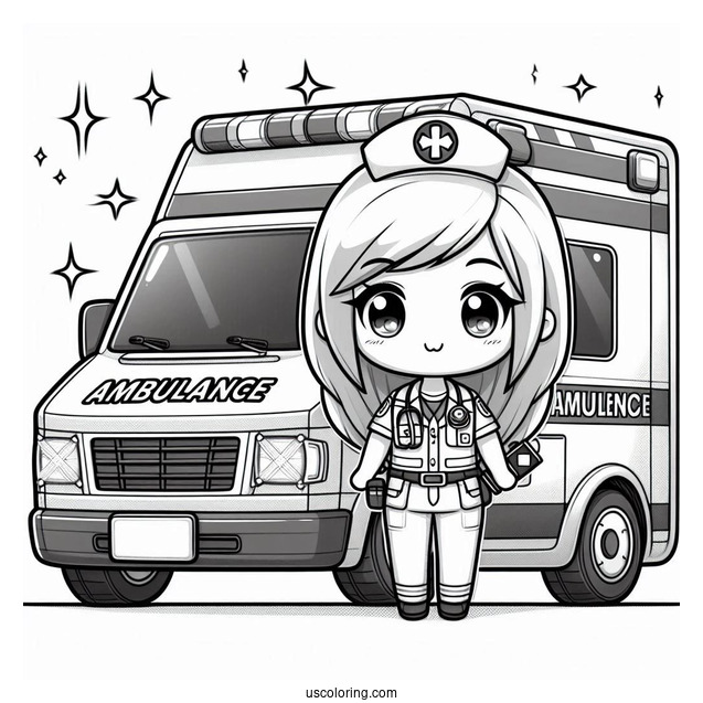 Chibi Paramedic Standing Beside An Ambulance Coloring Page